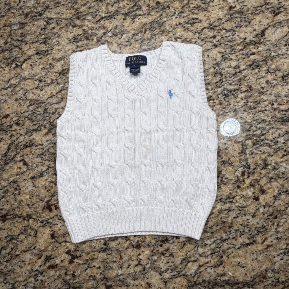 Polo Ralph Lauren Boy White Cable Knit V-Neck Sweater Vest Size 4